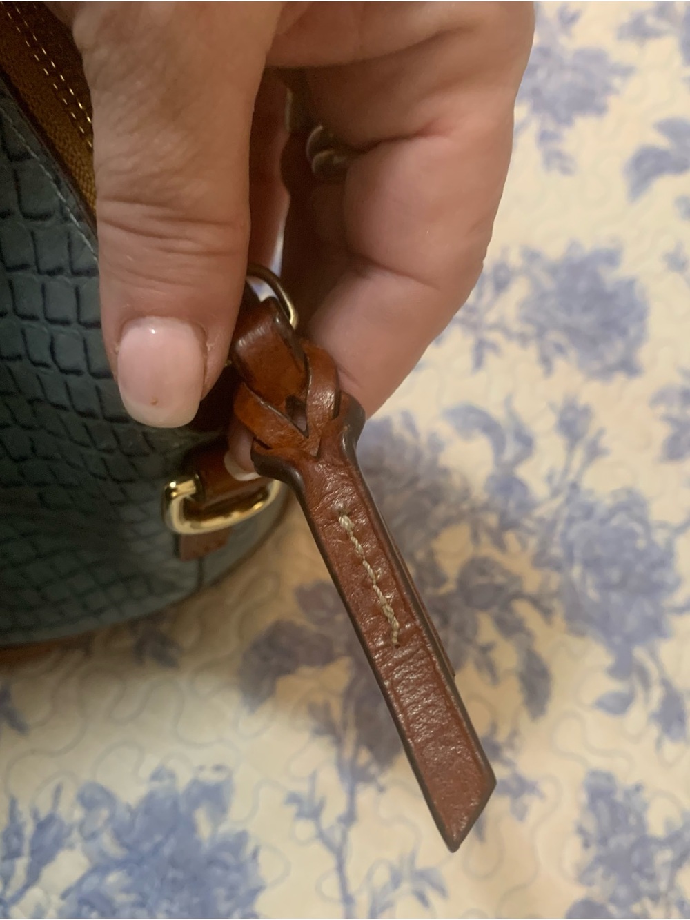 Dooney & Bourke Blue Textured Satchel with Brown Leather Trim - Picture 6 of 10